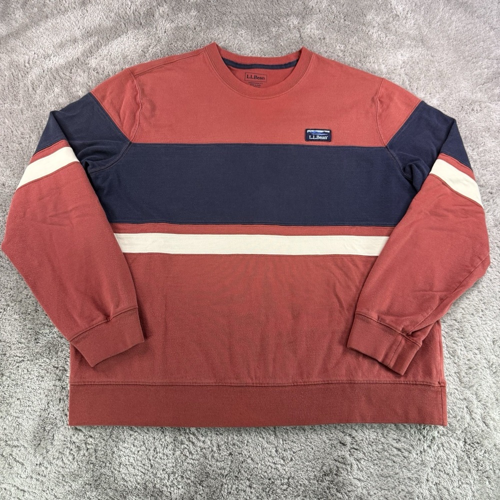 LL Bean Mens Large Red Navy Colorblock Crewneck Sweatshirt 100% Cotton Pullover